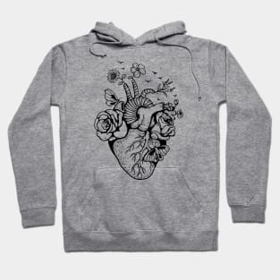 Anatomical Black and white heart witl flowers Hoodie